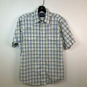WRANGLER Blue Yellow Plaid Yoke Pearl Snap Front Short Sleeve Shirt, sz MD
